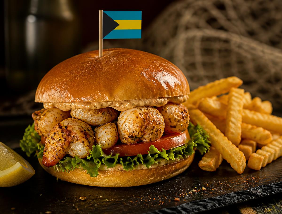 Conch Burger & Fries prepared by Island Girl Bahamian Cuisine