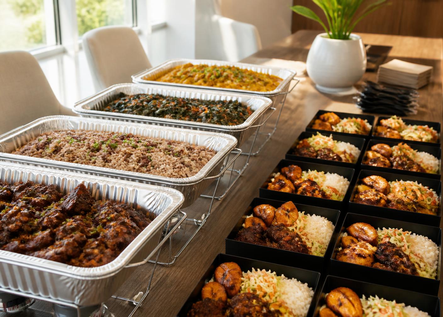 Caribbean catering trays and individual box lunches arranged for an office event